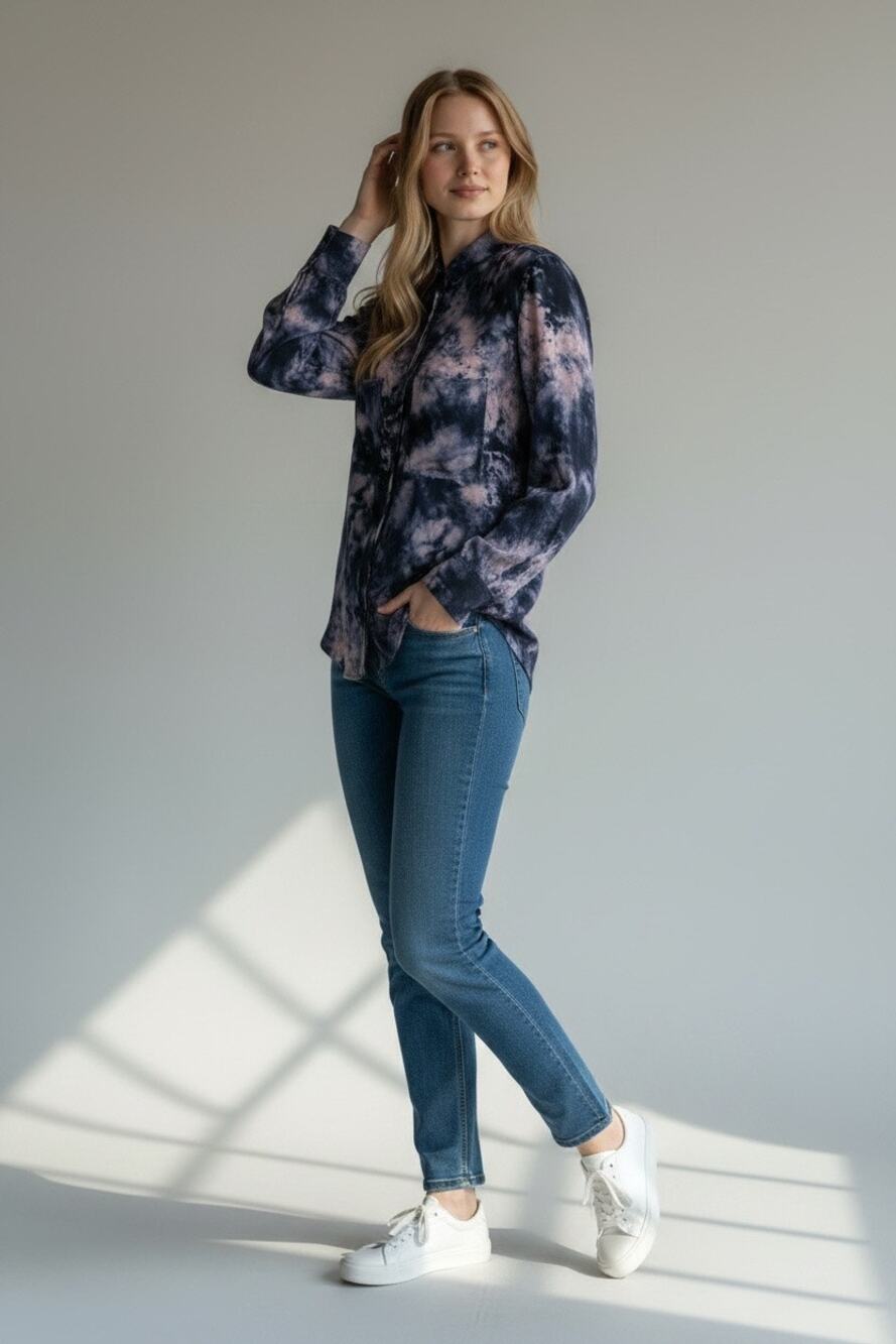 Bella Dahl Deep Blue/Purple Tie-dye Long Sleeve Button-down Shirt Size NWOT